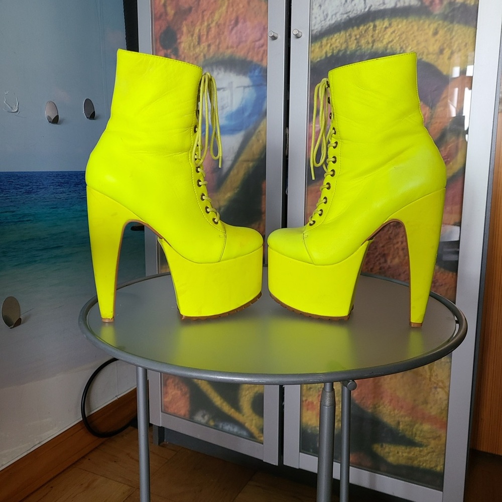 EXTREMELY RARE All LEATHER Jeffrey Campbell Go-Go booties— Neon Yellow!